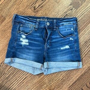 American Eagle Outfitters Blue Jean Midi Shorts Distressed Cuffed